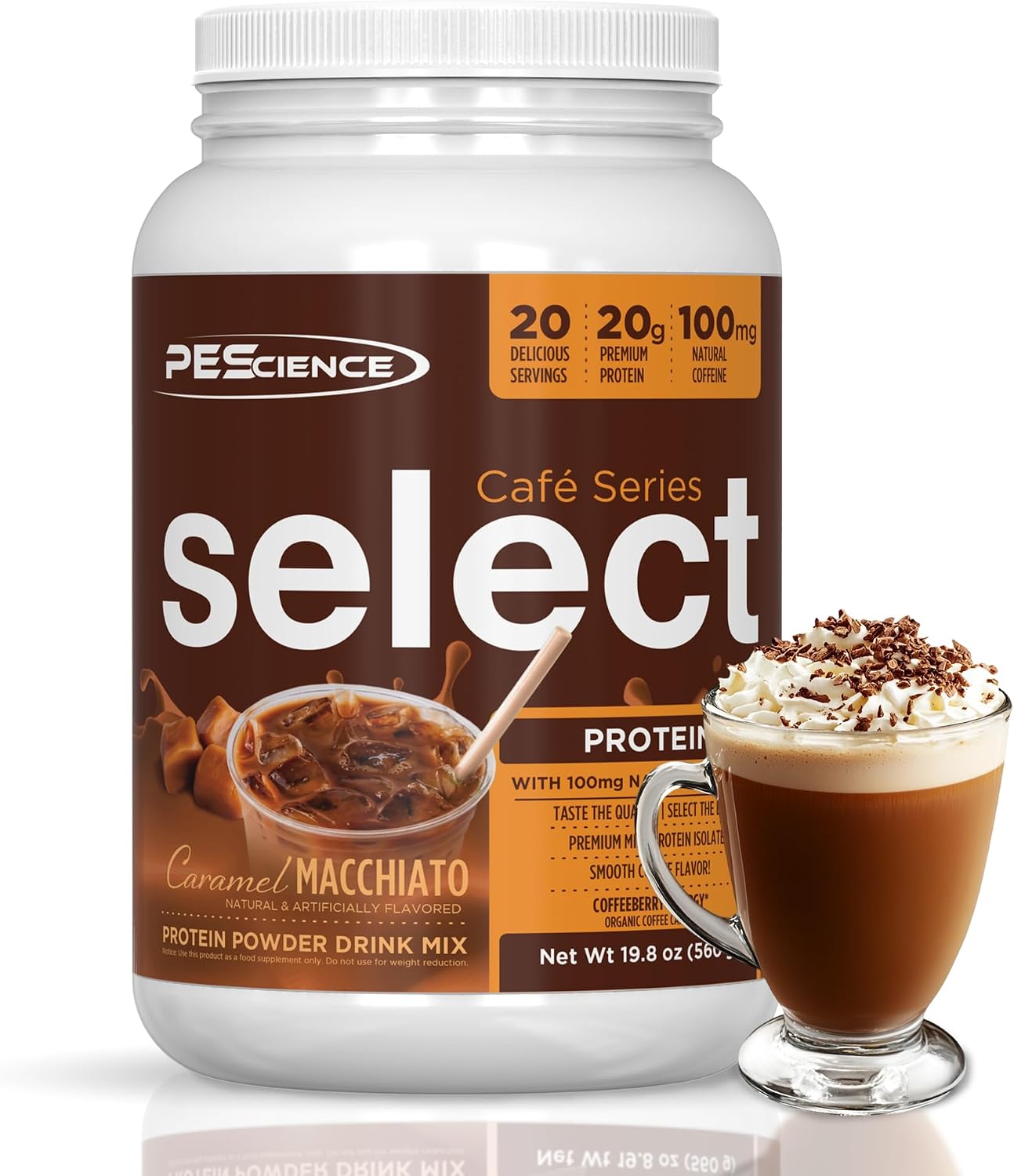 PEScience Select Cafe Protein Coffee Powder, Caramel Macchiato, 20 Servings | 100mg Caffeine, 20g Iced Protein Coffee Powder or Creamer