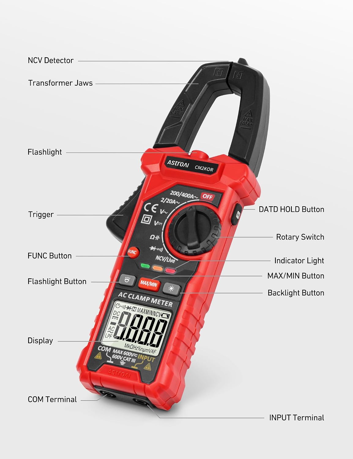 AstroAI Digital Clamp Meter Multimeter 2000 Counts Amp Voltage Tester Auto-ranging with AC/DC Voltage, AC Current, Resistance, Capacitance, Continuity