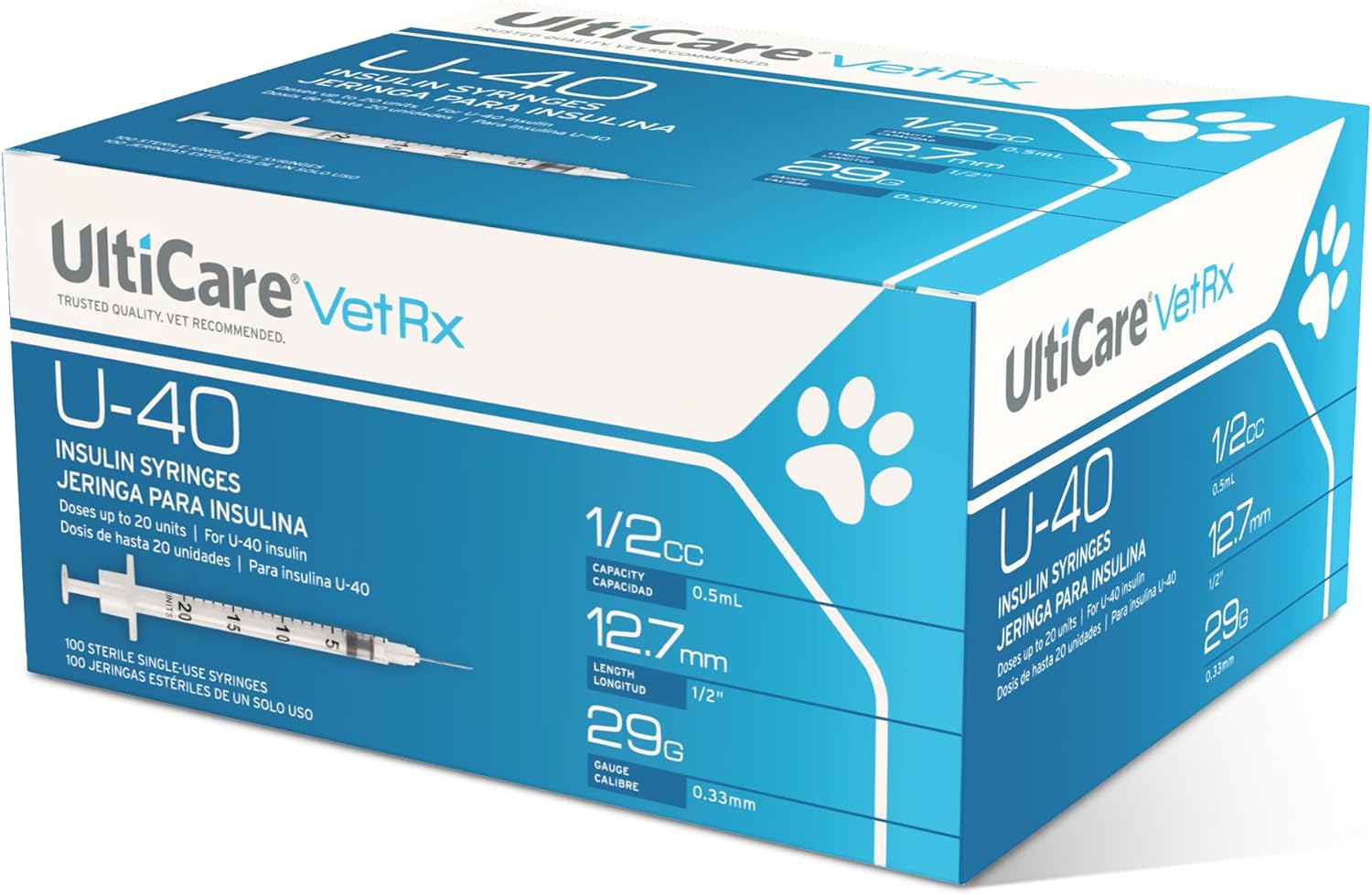 UltiCare VetRx U-40 1/2cc Pet Insulin Syringes - 1/2cc, 29G x 1/2’’, 100 ct, Comfortable & Accurate Dosing