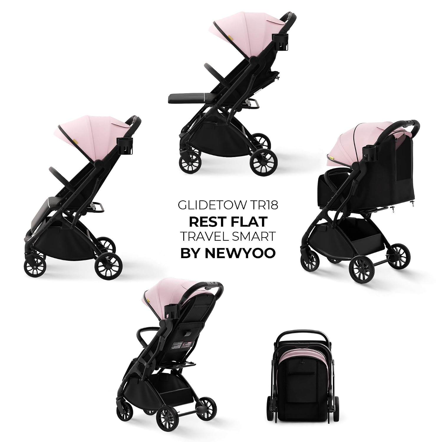 newyoo GlideTow TR18 Travel Stroller, Compact & Lightweight, Muted Olive | Newborn to toddler, foldable, self-standing design, 175° near-flat recline, large mesh window, trolley mode & UPF 50+ canopy