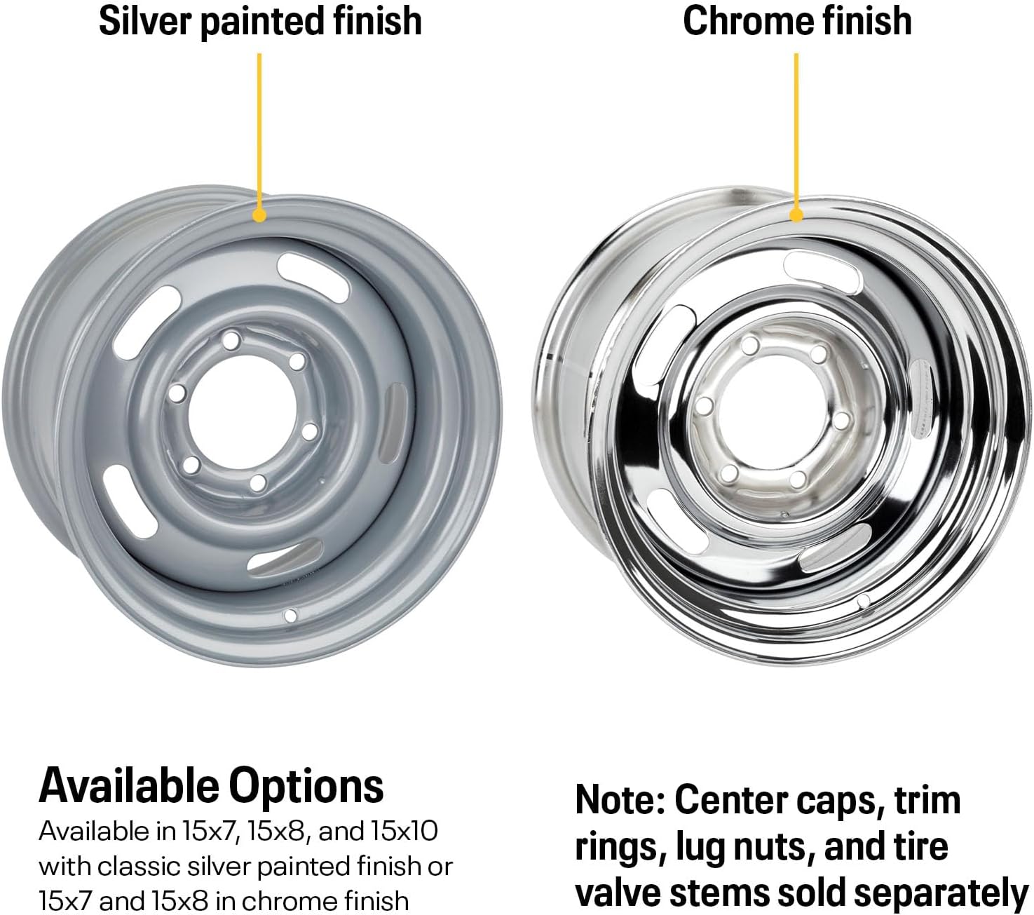Speedway Motors 15 Inch GM Rally Truck Wheel, 6 on 5.5 Inch Bolt Pattern, Silver Painted Steel Rim, 8 Inch Width, Classic 5-Slot Design