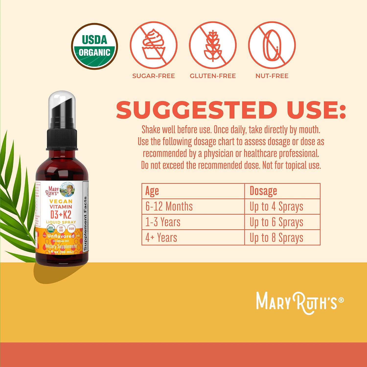 MaryRuth's Organic D3 + K2 Spray for Adults & Kids for Bone Health, 1 Fl Oz | Bone Health, Vitamin D3 as Cholecalciferol, Immunity, Mineral Absorption