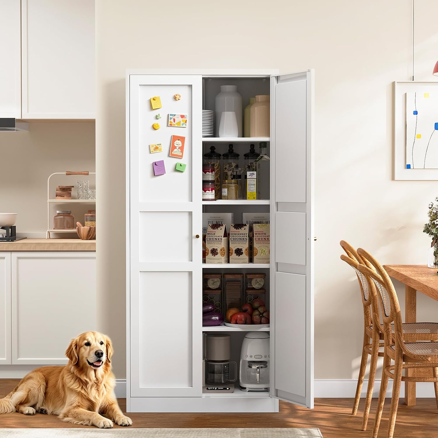 Metal Storage Cabinet with 2 Doors and 4 Adjustable Shelves - 61" White Kitchen Pantry Storage 5-Tier Tall Steel Cabinets Locker for Kitchen, Living Room, Dining Room