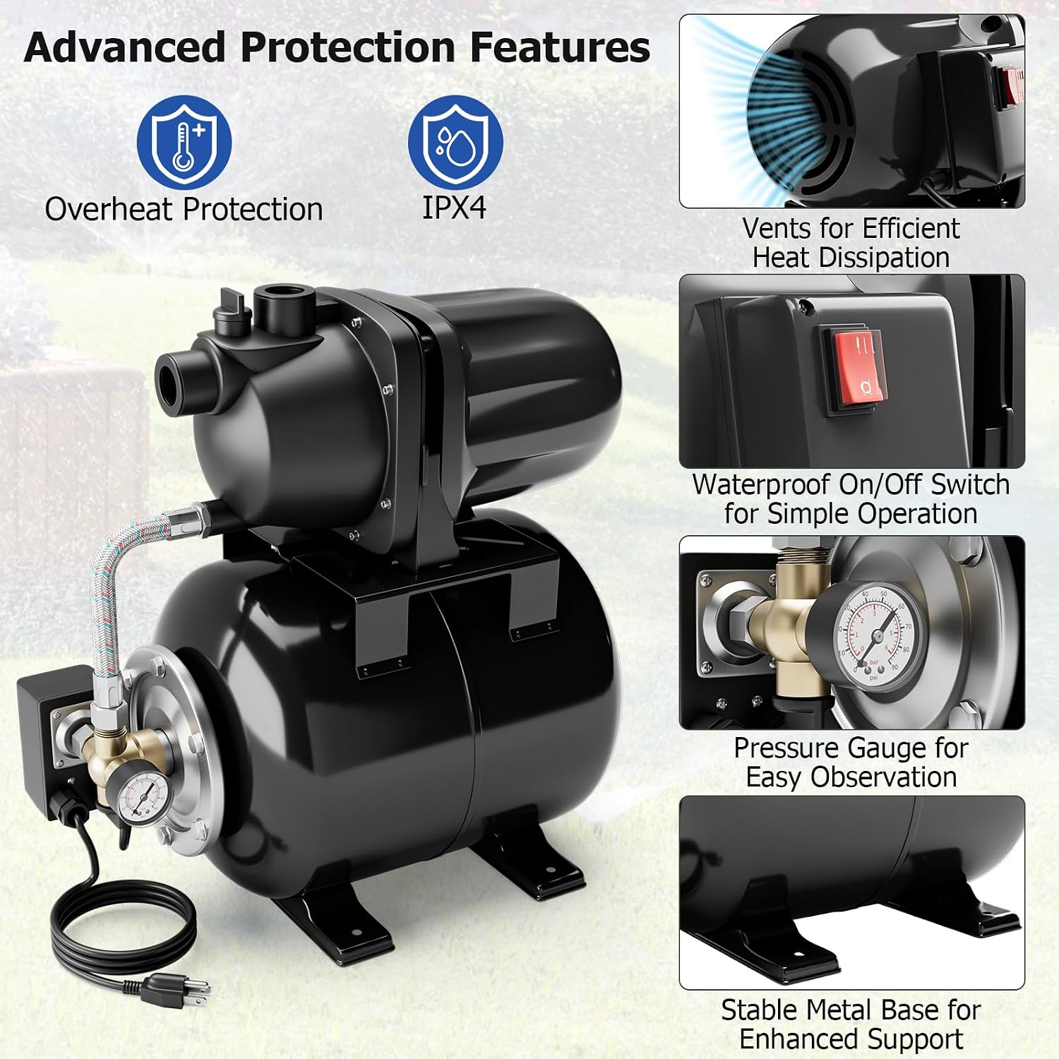 Happygrill 1.6 HP Shallow Well Pump with Pressure Tank (Black) | 1000 GPH 164 FT Garden Jet Pump Irrigation Sprinkler System Water Transfer Pump