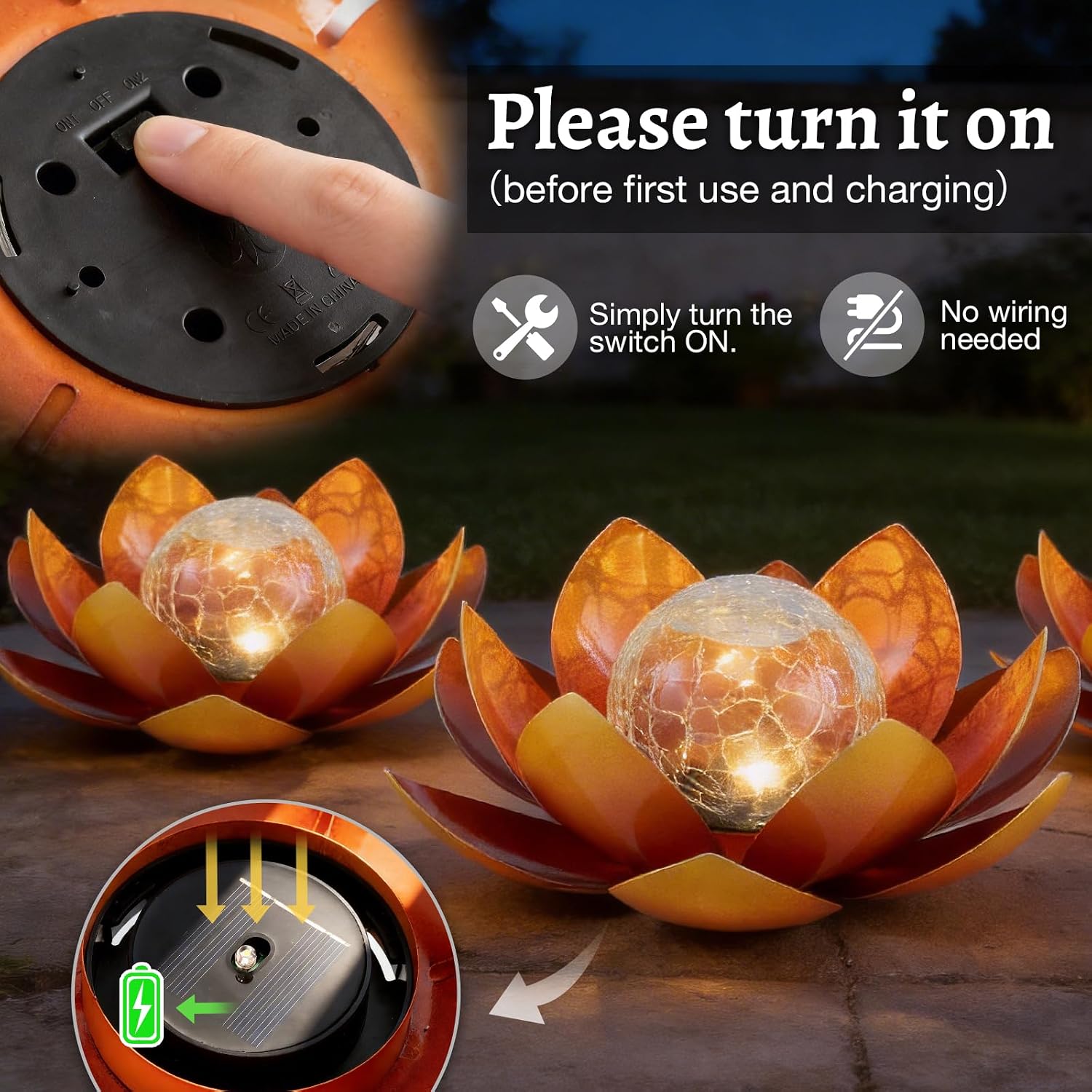 Huaxu Solar Lights Outdoor Garden, Crackle Globe Glass Lotus Decor, Waterproof LED Metal Flower Decorations for Patio,Lawn,Walkway,Tabletop,Ground