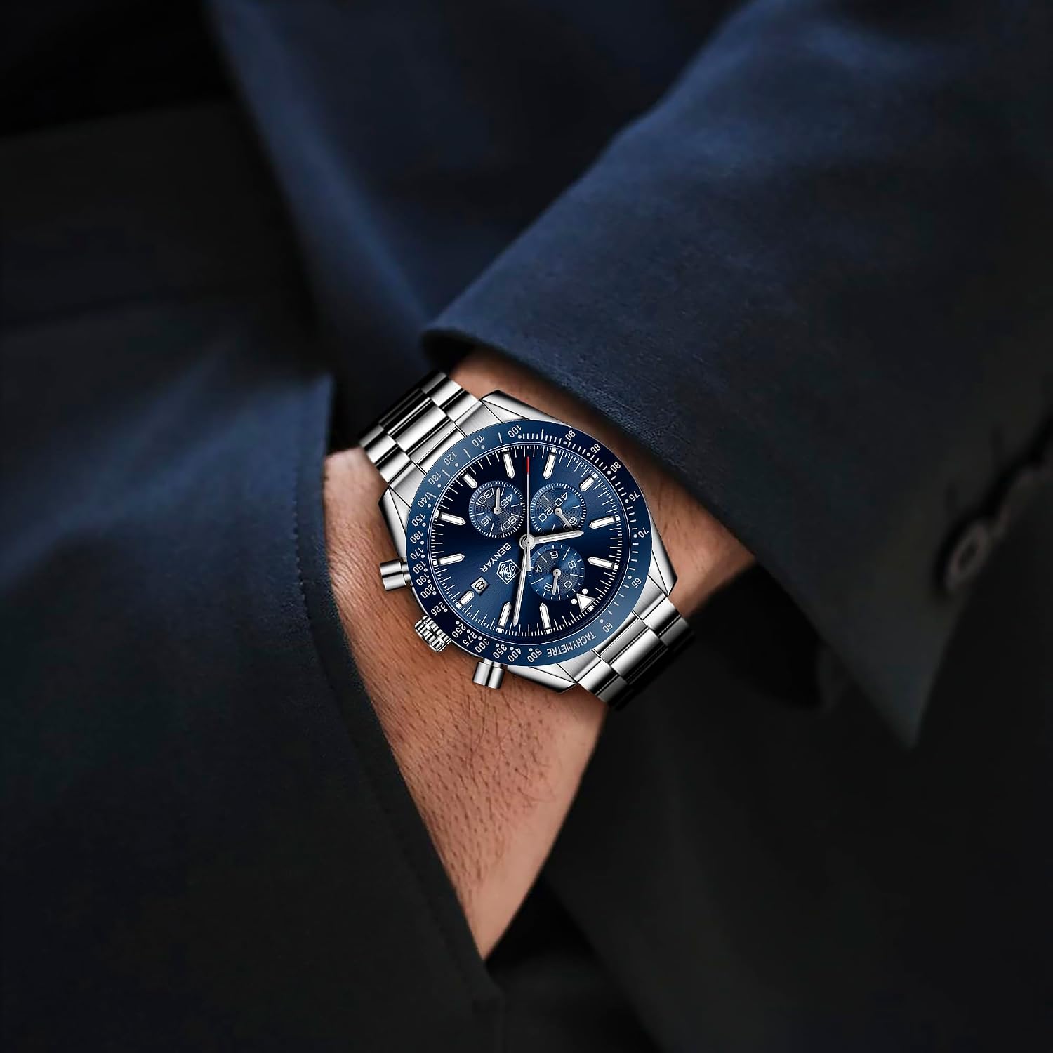BENYAR Watch for Men Analog Quartz Chronograph Waterproof Luminous Designer Mens Wrist Watches Business Work Sport Casual Dress Watch with Silicone Strap Elegant Gifts for Men