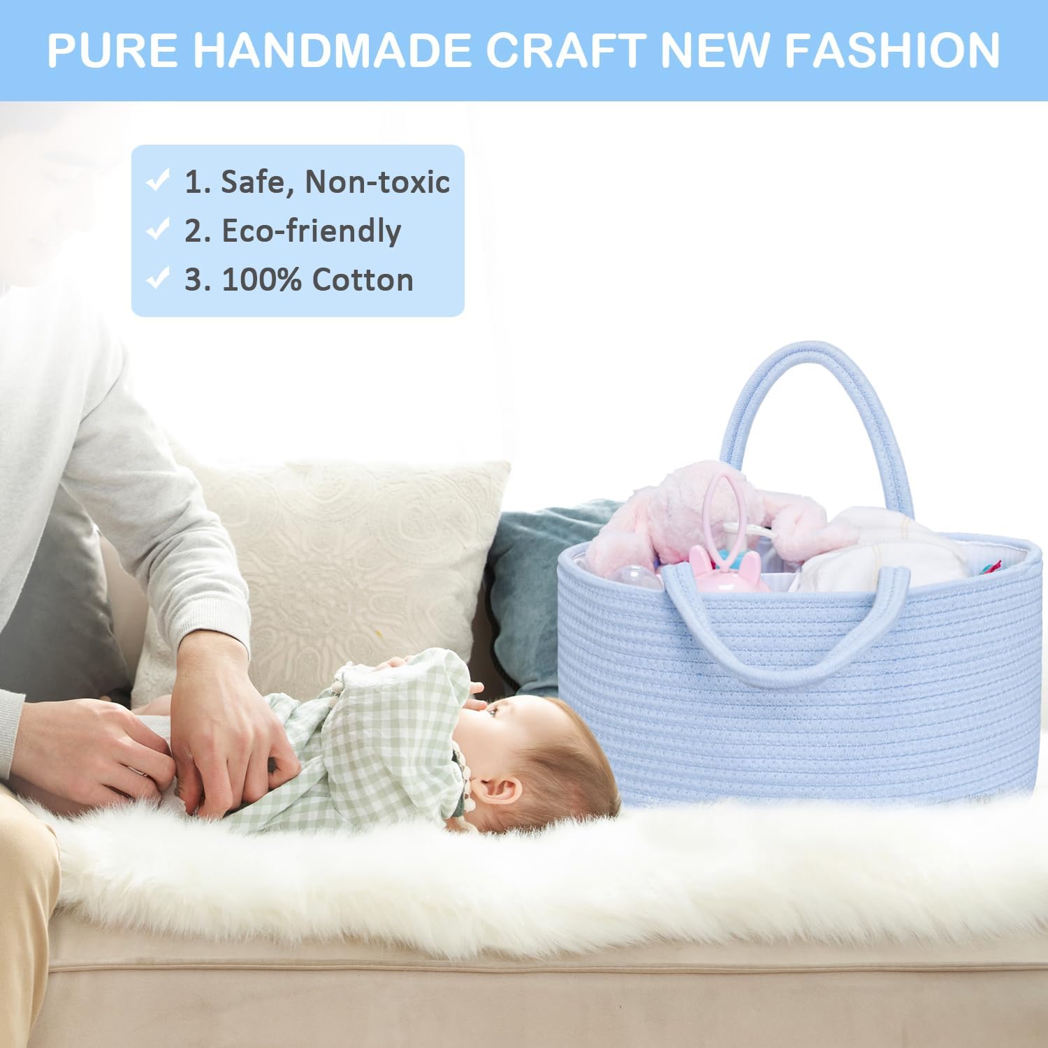 ABenkle Baby Diaper Caddy, Nursery Storage Bin and Car Organizer for Diapers and Baby Wipes, Cotton Rope Diaper Basket Caddy