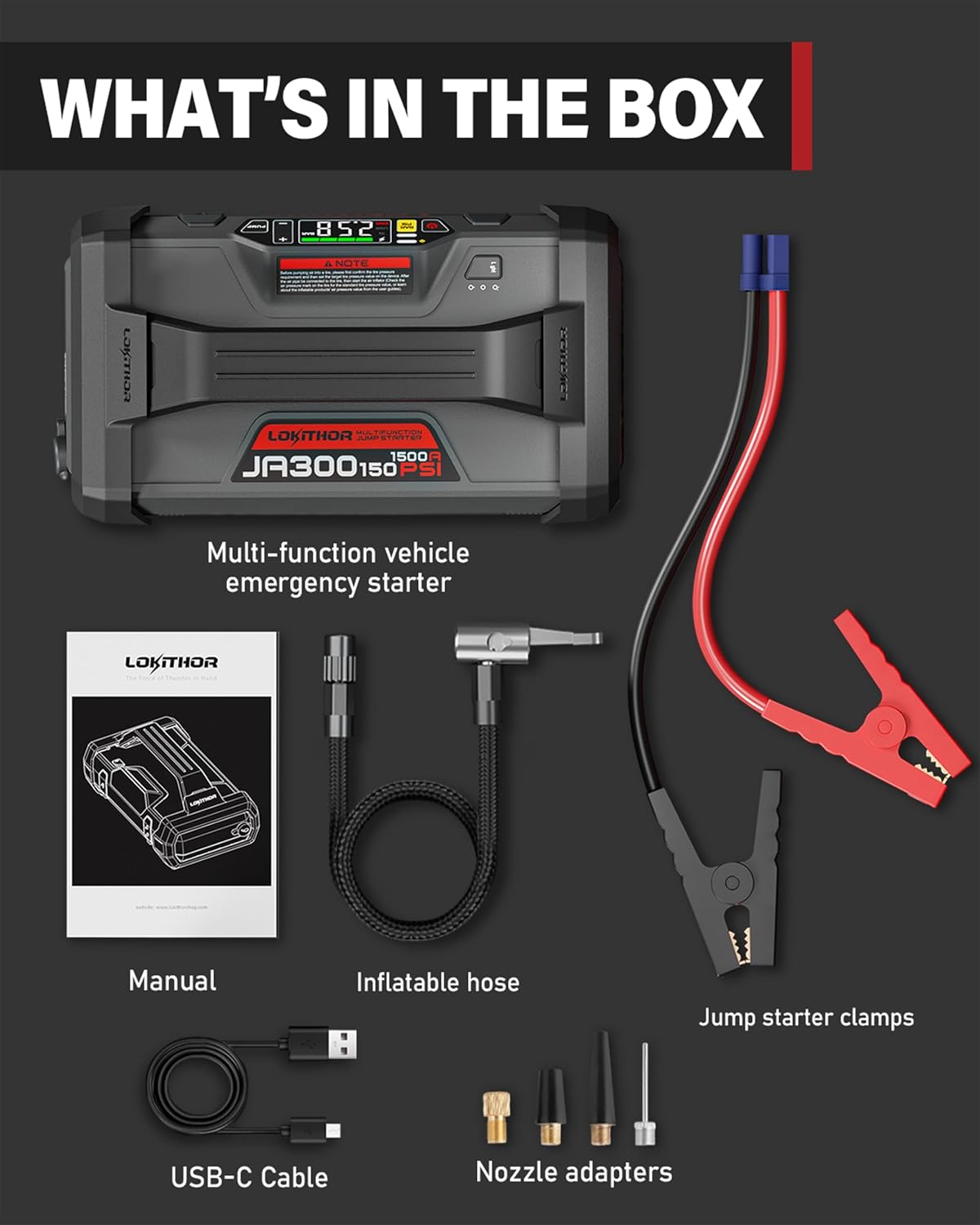 LOKITHOR JA300 Jump Starter with Air Compressor(7.0L Gas & 4.5L Diesel) | 1500A 12V Portable Jumper Box | 150PS 35LPM Tire Inflator, Digital Display