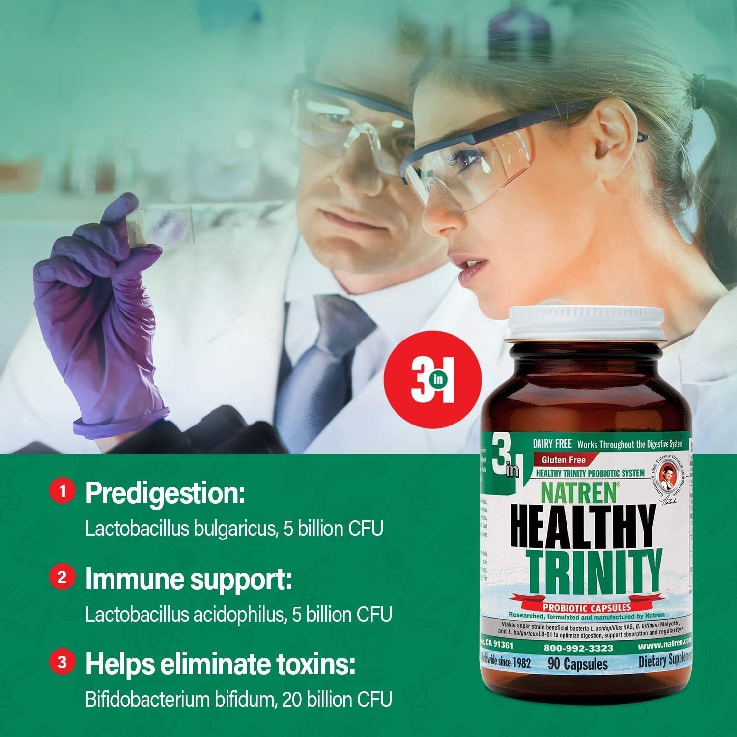 Natren Healthy Trinity Probiotics Supplement - 90 Dairy and Gluten Free Gel Capsules - Improve Gut and Digestive Health