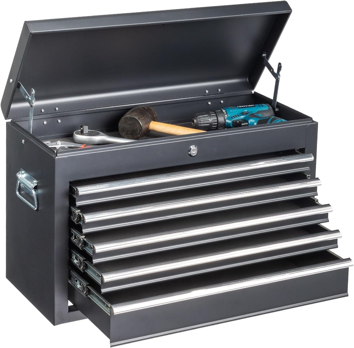 24" Metal Portable Tool Box with 5 Drawers, Lockable, Red | ToolBox with Top Storage Tray, Carry Handle, Ball Bearing Runners, Tool Chest Cabinet for Garage, Warehouse, Repair Shop