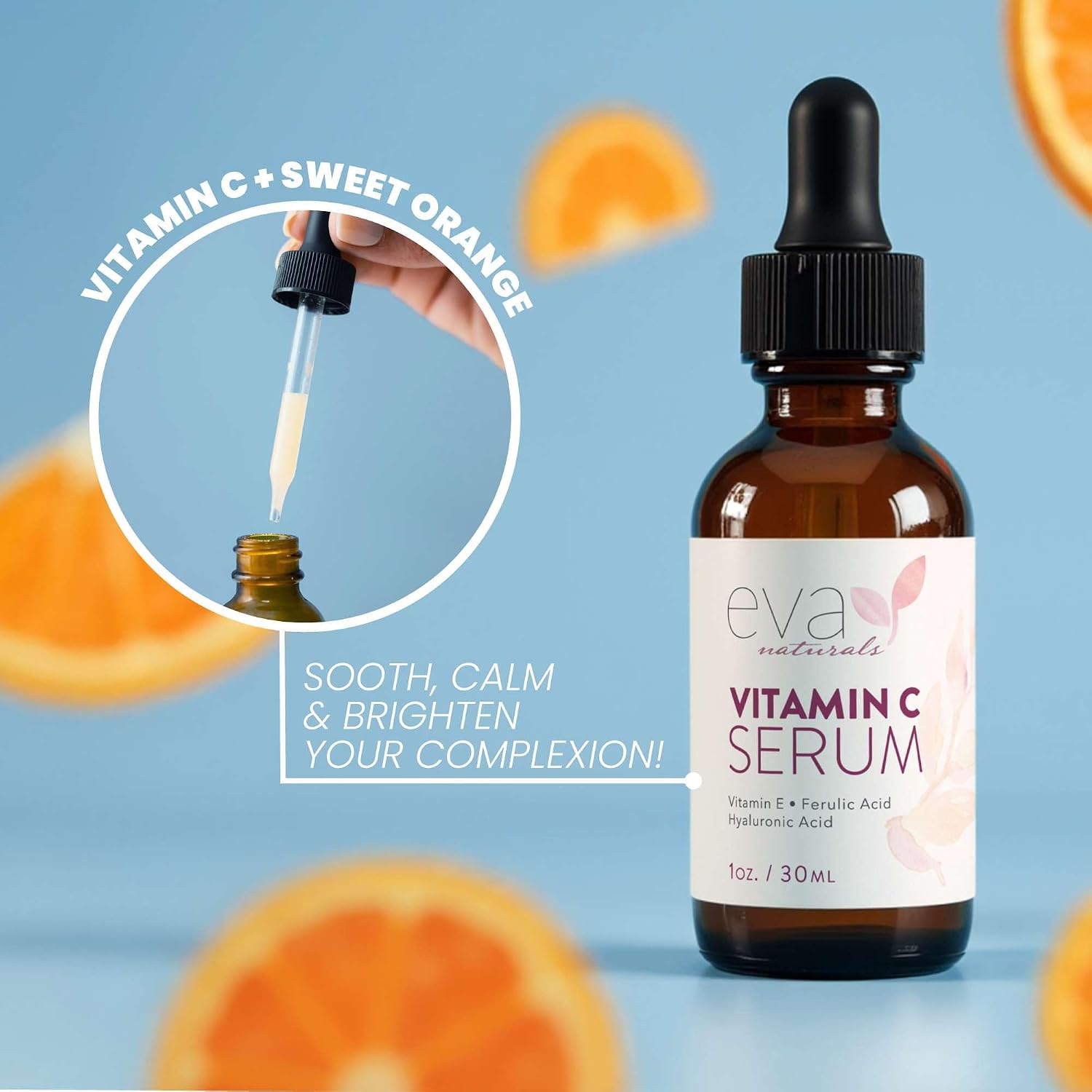 Eva Naturals Vitamin C Serum 20%, Hyaluronic & Ferulic Acid, 1 oz | Vitamin E, dark spots, acne, anti-aging, glow, even skin tone