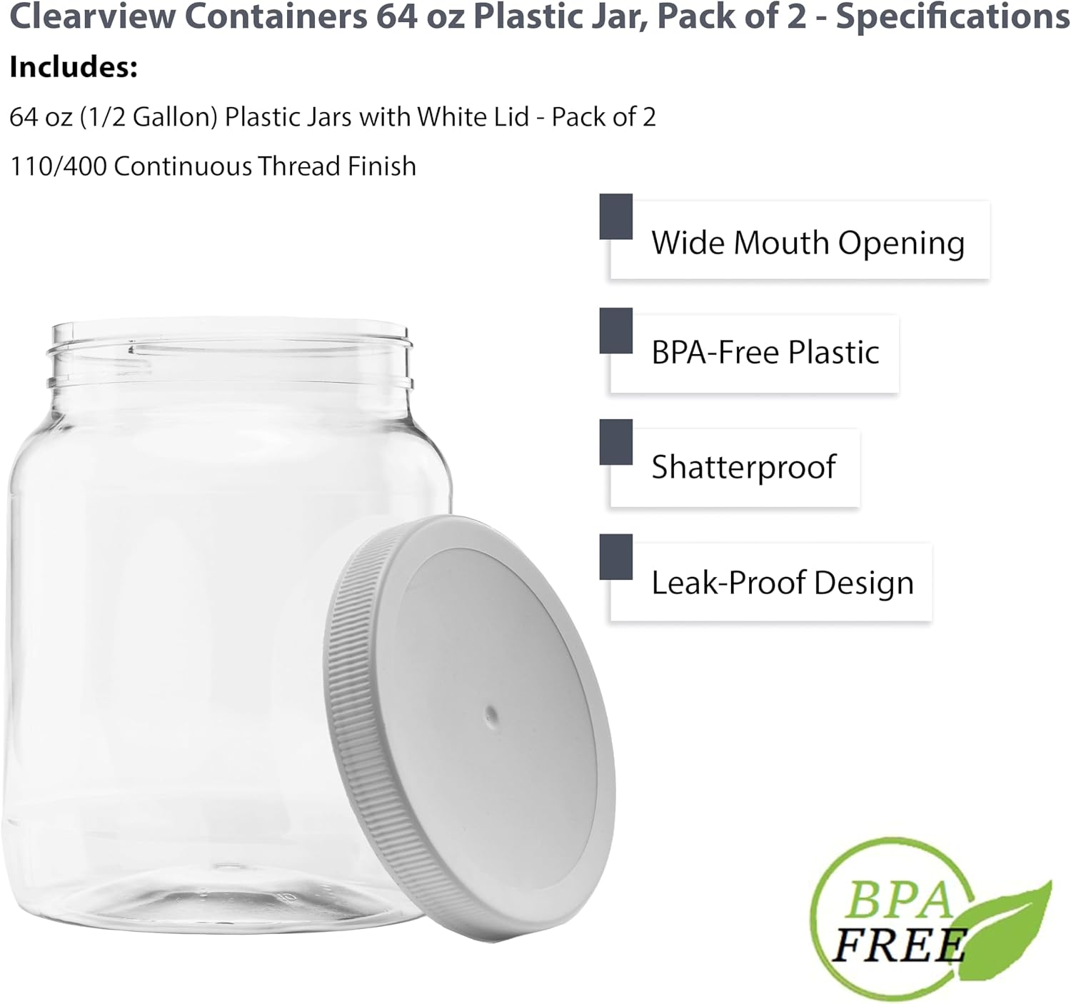 1 Pack - 128 oz (1 Gallon) Plastic Storage Jars with 110-400 Leak Proof Black Lids, Food Grade, BPA Free, Hand Wash Only (128oz, BLK, 1PK)