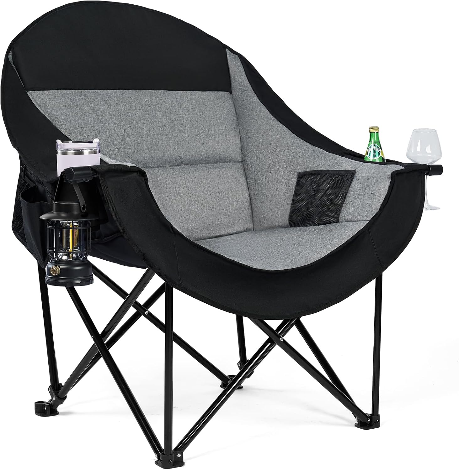 Oversized Camping Chairs for Adult - Heavy Duty Padded Portable Folding Chair XL Collapsible Camp Chair with Cup Holder Side Pocket for Outdoor Lawn Beach Sport Fishing Support 500LBS, Grey