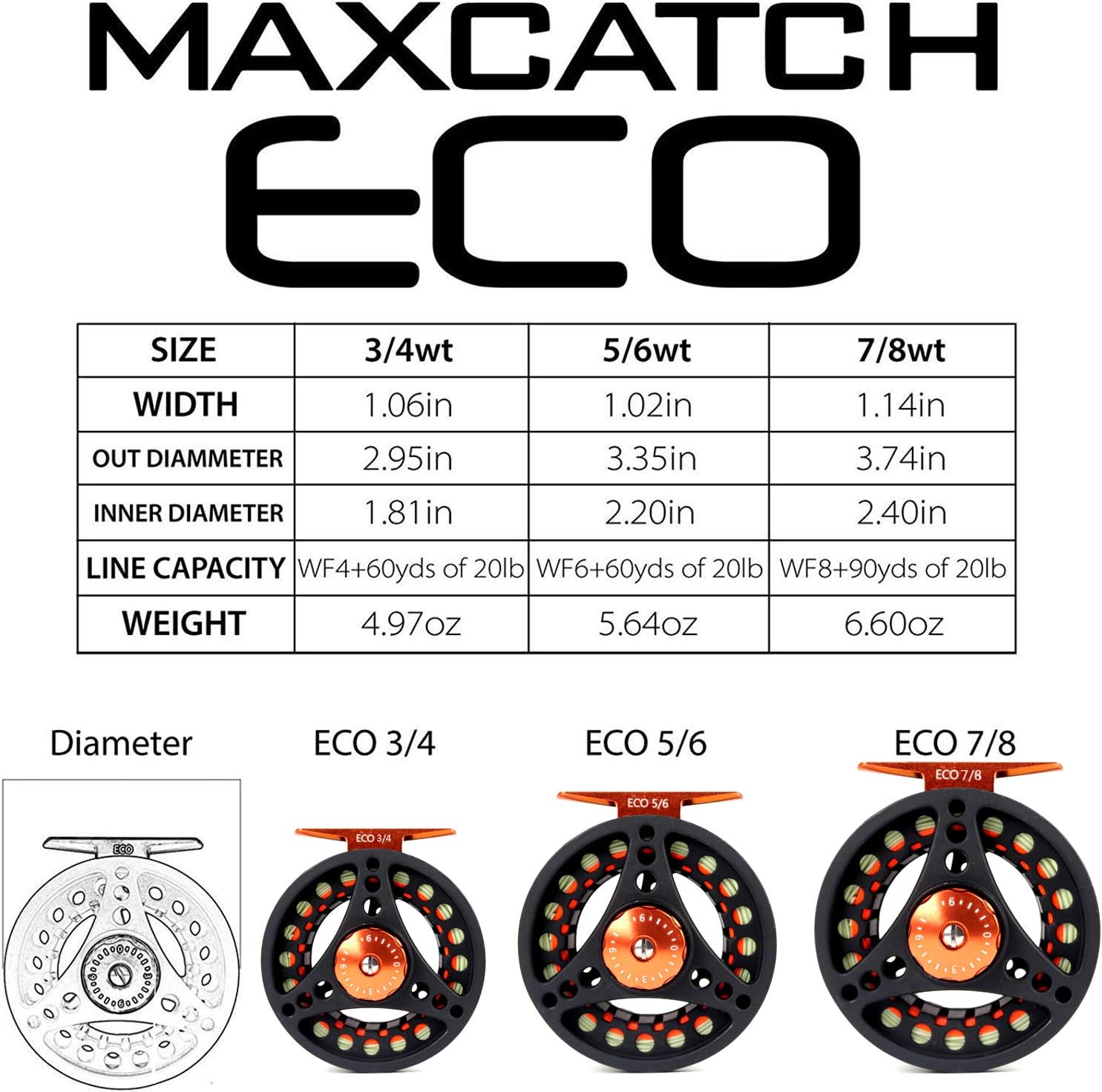 M MAXIMUMCATCH Maxcatch ECO Large Arbor Fly Fishing Reel (3/4wt 5/6wt 7/8wt) and Pre-Loaded Fly Reel with Line Combo