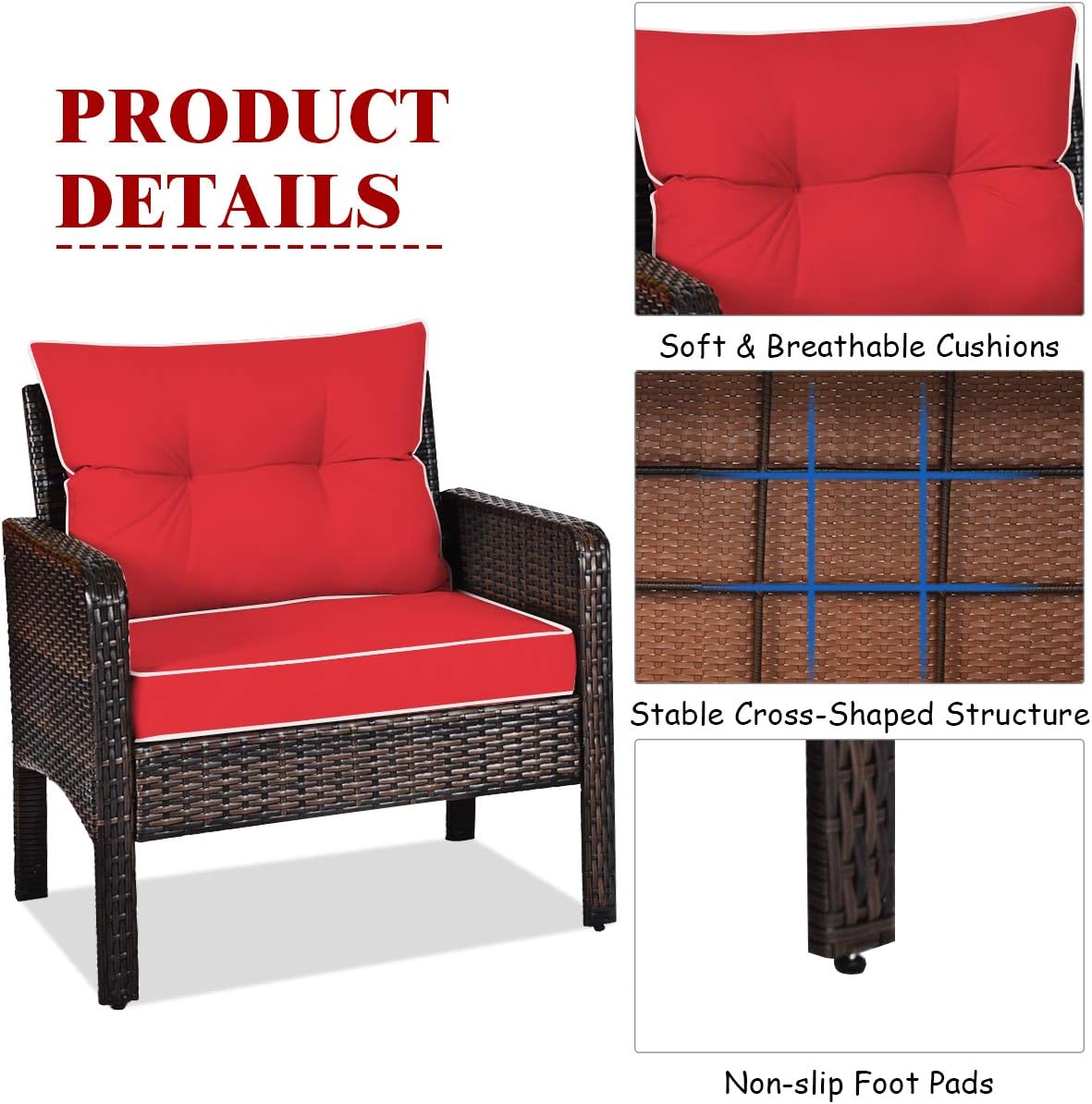 Tangkula 3 Piece Outdoor Patio Furniture Set, Wicker Chairs Set with Glass Top Coffee Table, Thick Cushions