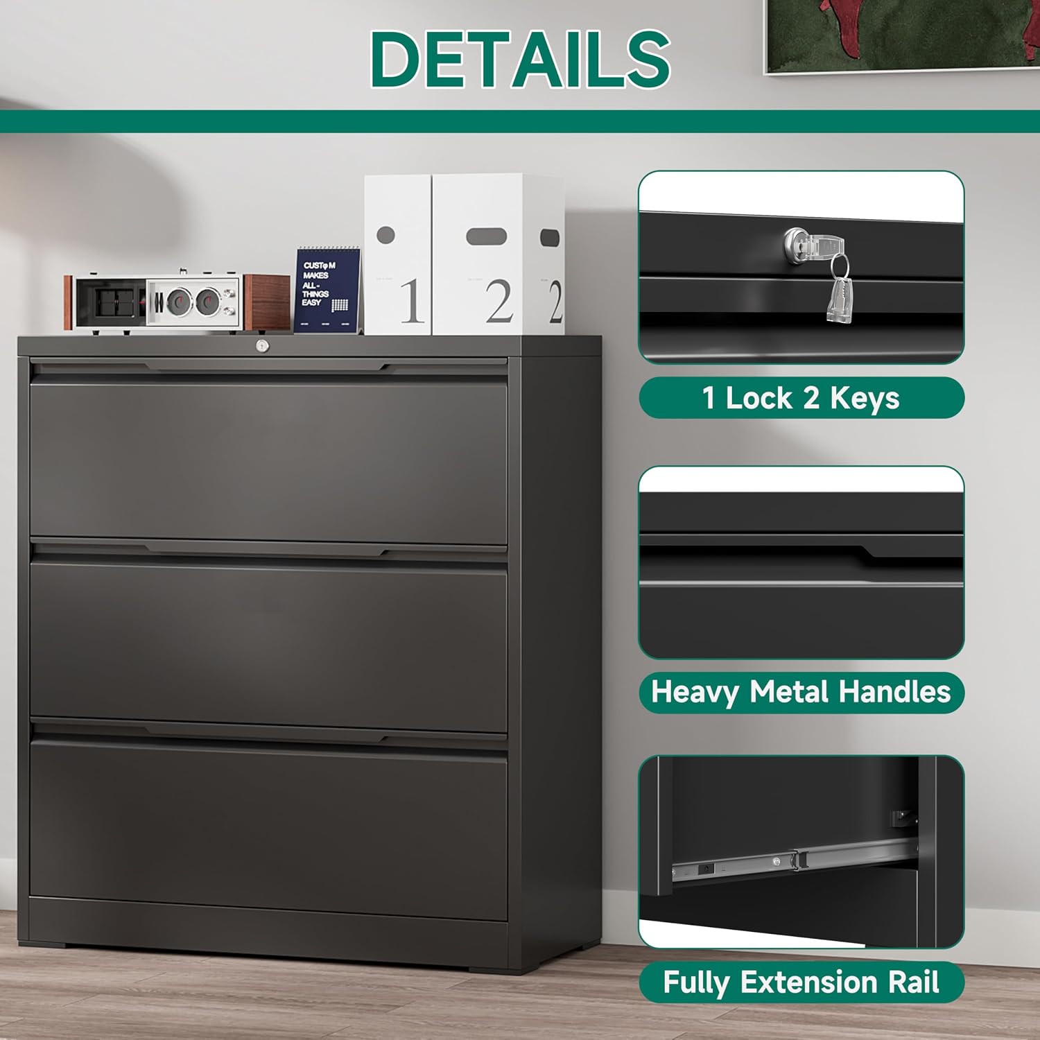 3 Drawer File Cabinet with Lock,Vertical Filing Cabinets for Home Office,Heavy Duty Metal File Cabinet for Hanging A4/Letter/Legal Size File,Vertical File Cabinet 15" W X 17.8" D X 38.3" H-Black