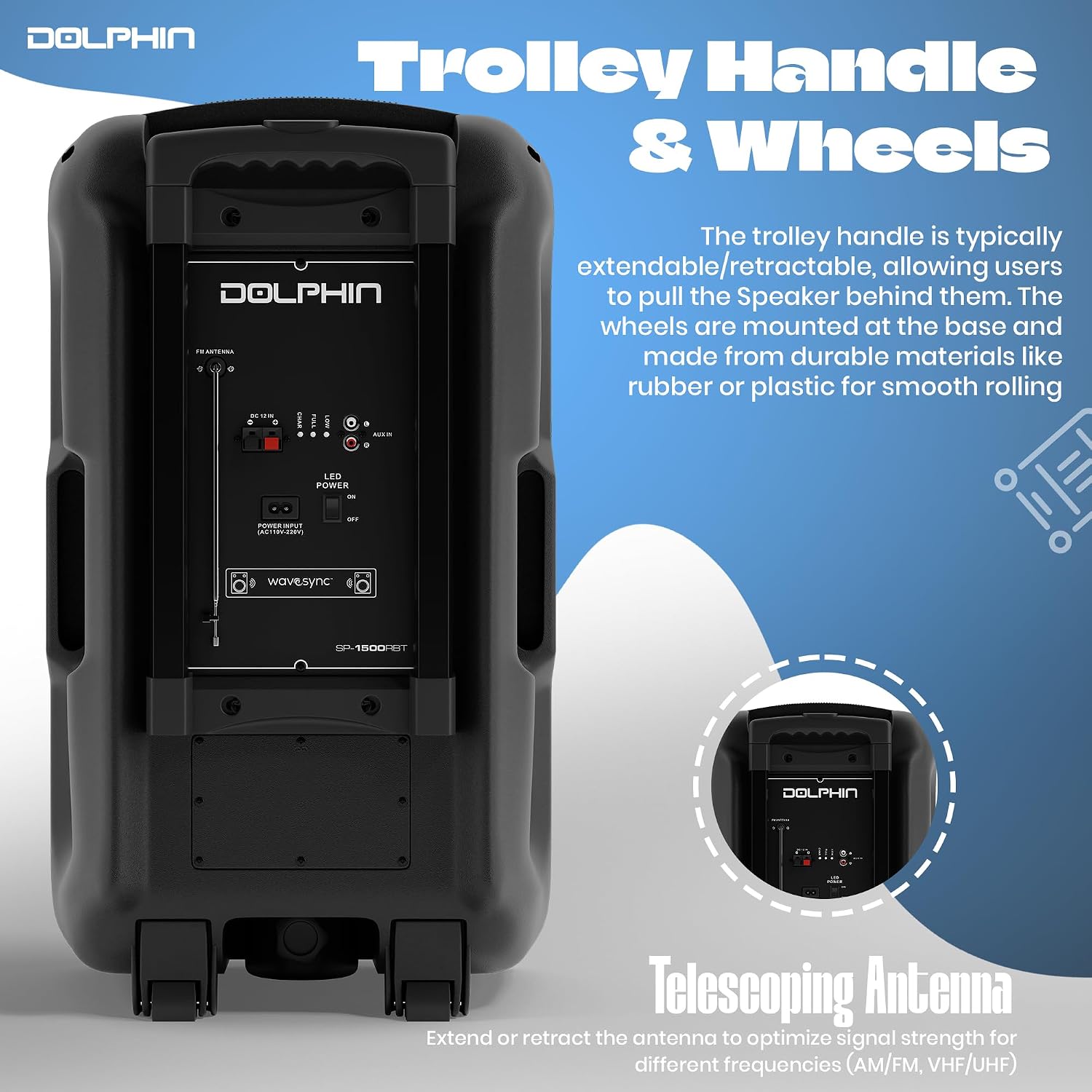Dolphin Large Bluetooth Party Speaker with Wired Microphone, 15" Woofer | 140W Output, WaveSync Pairing, X-Bass, Digital EQ, USB, SD, FM & AUX Inputs