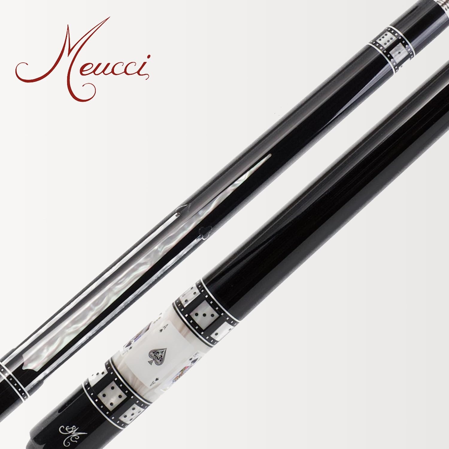 Meucci Pool Cues - BMC Casino 10 - Professional Billiard Pool Stick with Card and Ivory Dice Sleeve, Ebony Color Wrap, Power Piston Forearm