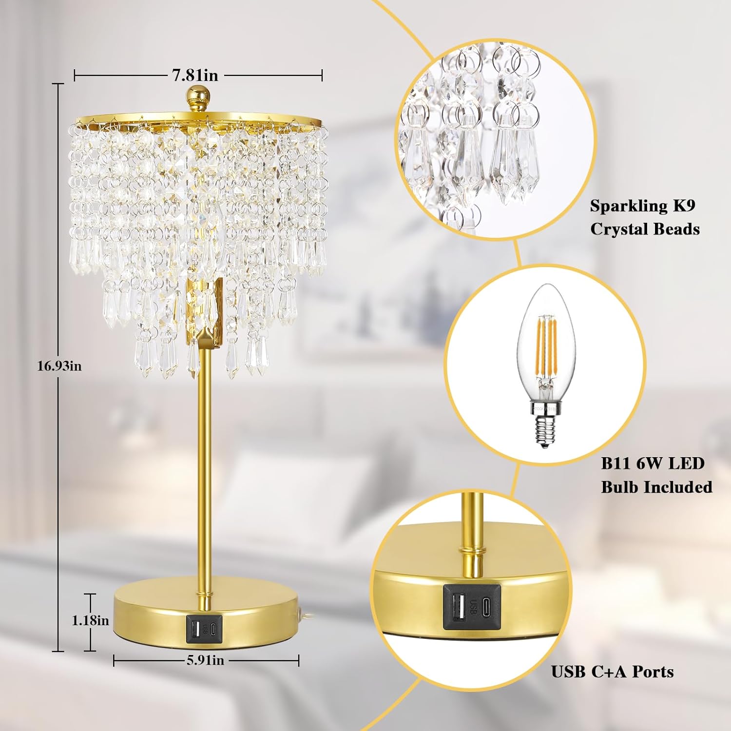 Touch Control Crystal Table Lamp with USB C+A Charging Ports, 3-Way Dimmable Bedside Touch Lamp Decorative Nightstand Lamp with Elegant Lampshade for Living Room Bedroom, B11 LED Bulb Included