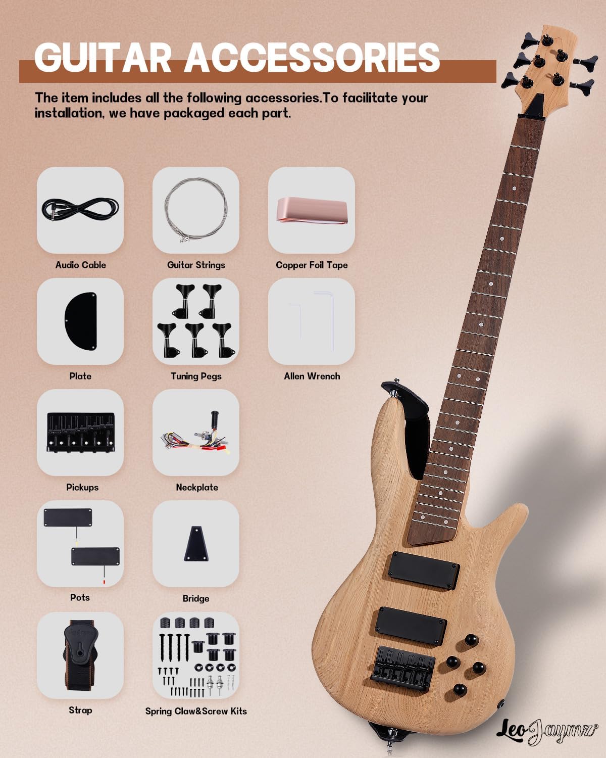 Leo Jaymz DIY Electric Bass Guitar Kit Mahogany Body Maple Neck (AX)