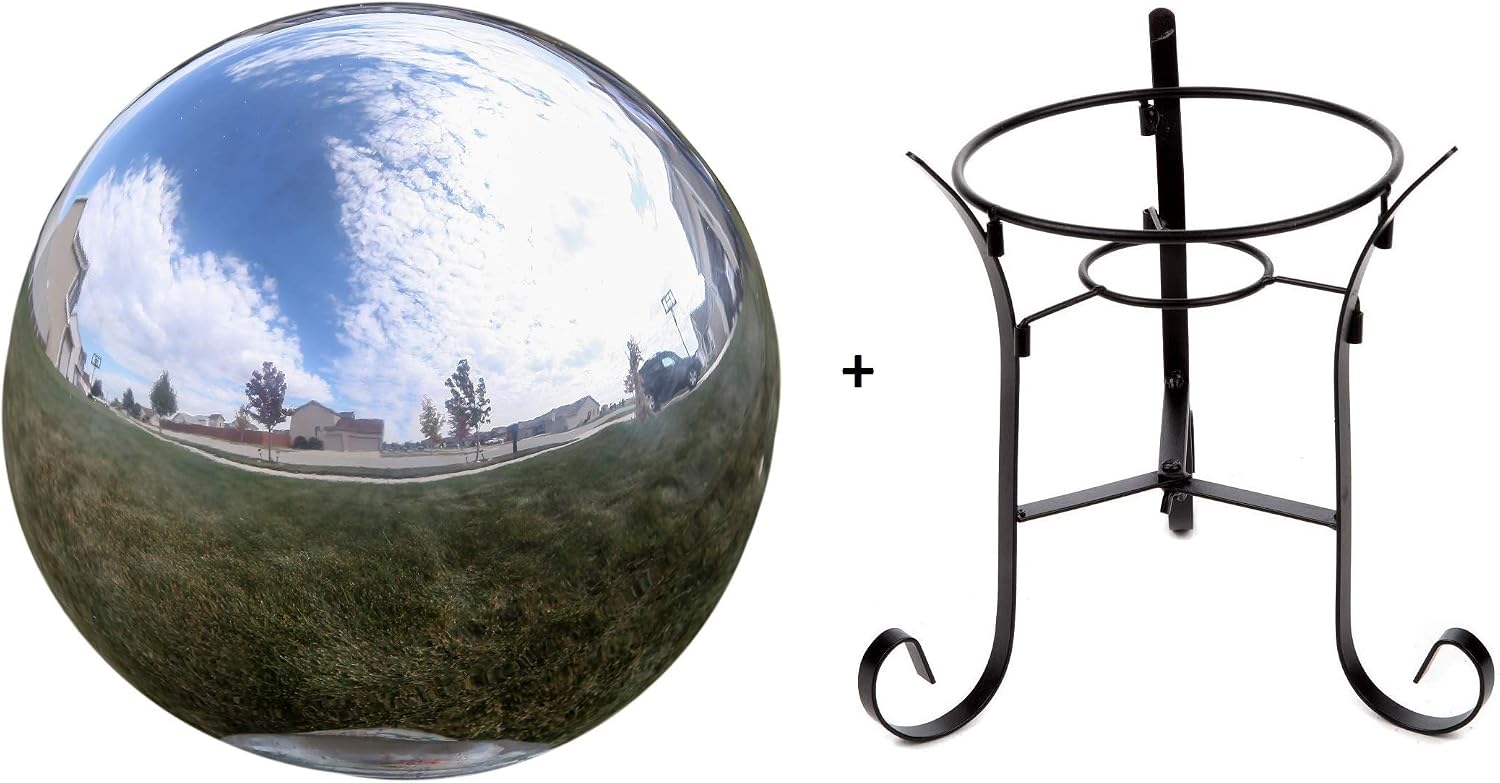 Lily's Home 10 inch Gazing Globe Mirror Ball in Silver Stainless Steel with a 9 inch Metal Stand