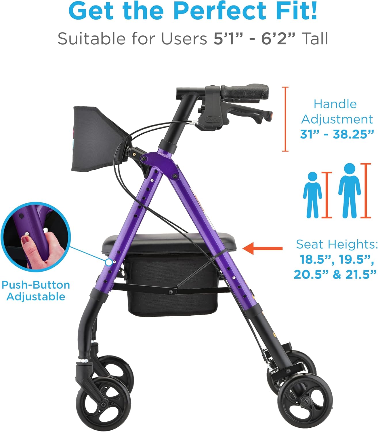 NOVA Star 6 Foldable Rollator Walker for Seniors, Wide Padded Backrest with Seat, 6” All-Terrain Wheels, Easy-Grip Locking Hand Brakes, Height Adjustable, Blue