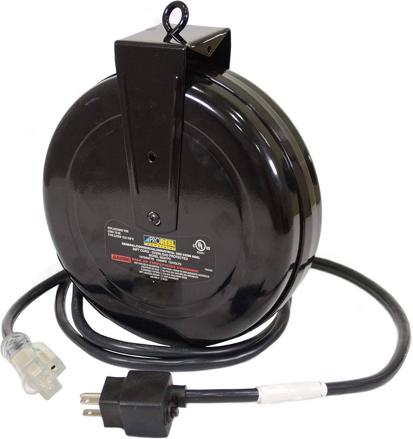 Alert ProReel Pro-Grade 5020TFC Heavy-Duty Retractable Extension Cord Reel | 20'- 12/3 SJTOW Single Tap Heavy Duty Cord | Clear 5-20R Receptacle