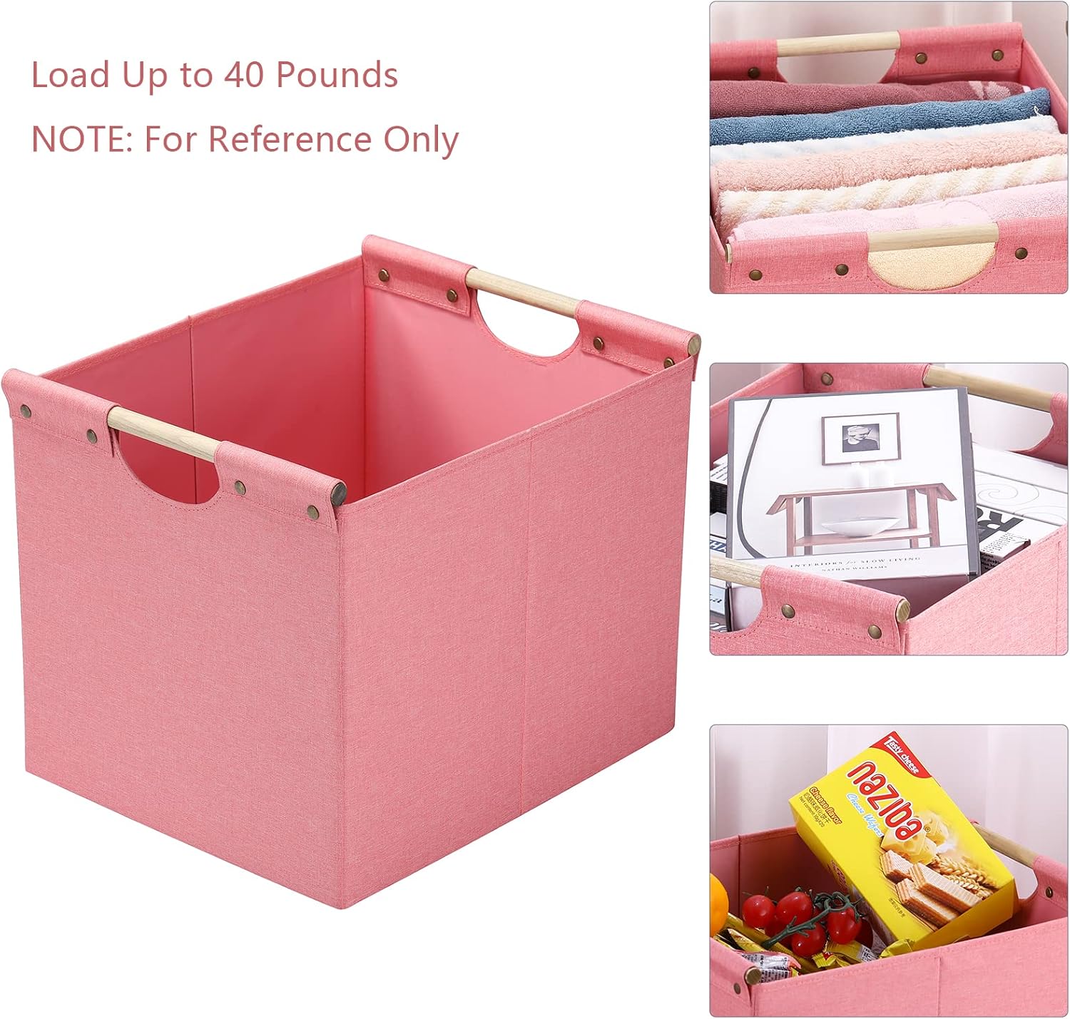 HOONEX Large Collapsible Storage Bins, Linen Fabric, 2 Pack, Storage Baskets with Wooden Carry Handles and Sturdy Heavy Cardboard, for Home, Office