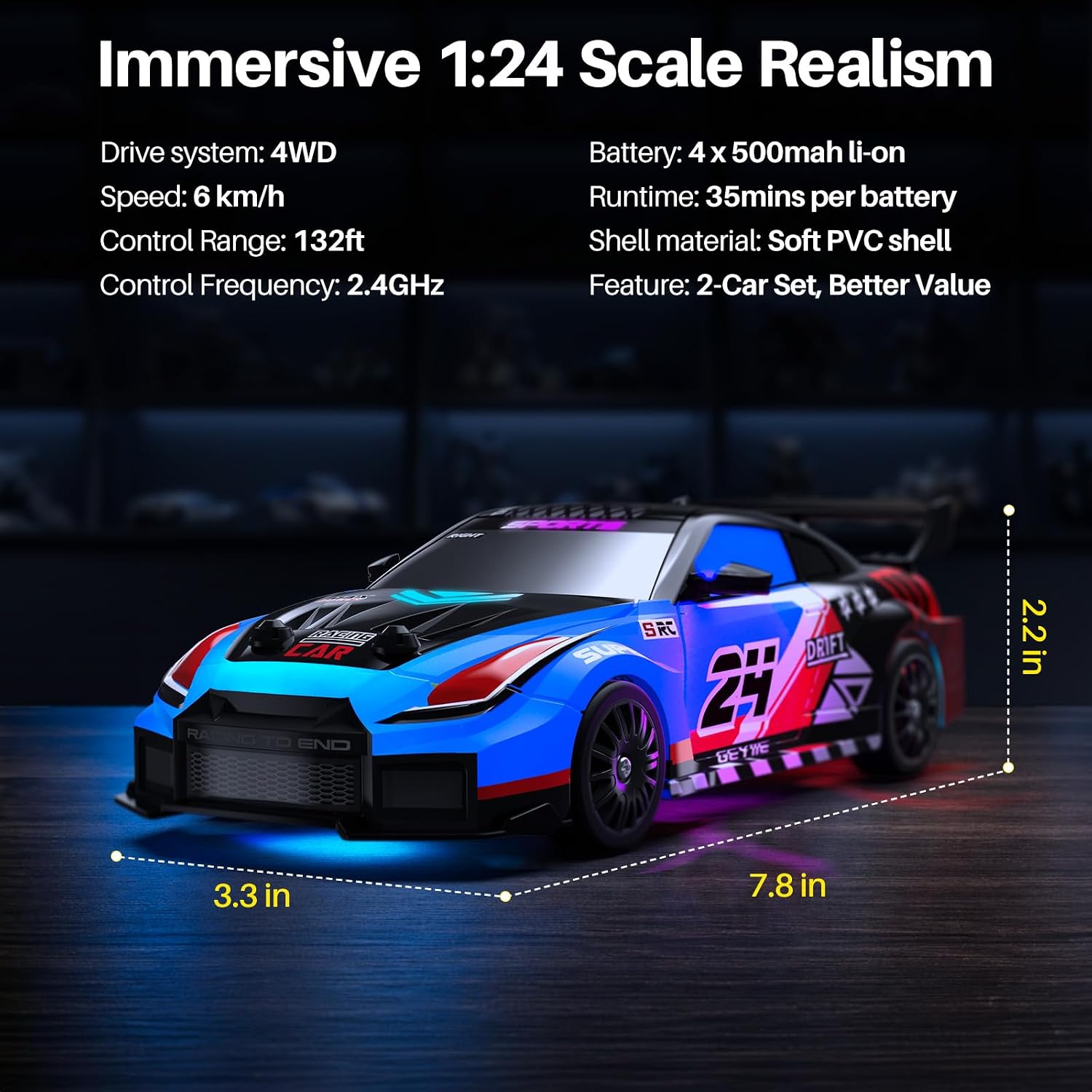 Geyiie 2 Pack RC Drift Cars for Kids, Complete 2-Player Racing Set | 1:24 Scale, LED Lights, 4 Batteries, Drift and Grip tires