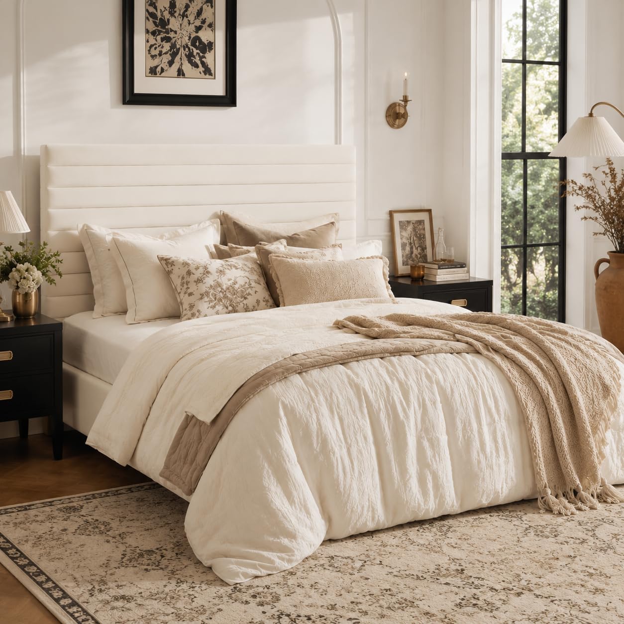 Allewie Queen Bed Frame, Velvet Upholstered Platform Bed with Adjustable Headboard, Horizontal Channel Design, Wood Slat Support, No Box Spring Needed, Noise Free, Easy Assembly, White