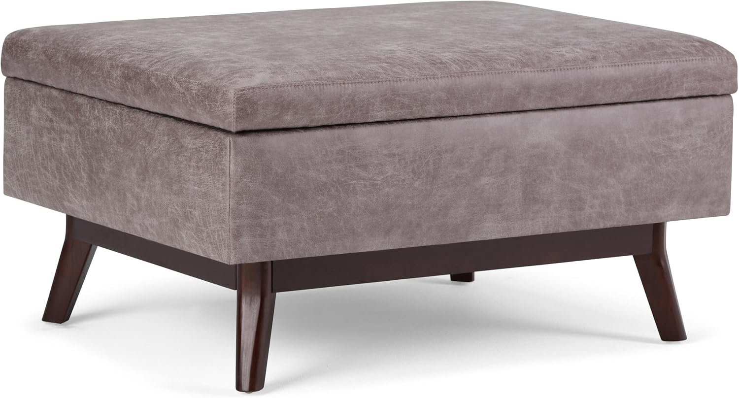 SIMPLIHOME Owen 34" Wide Vegan Leather Lift Top Ottoman in Dark Blue