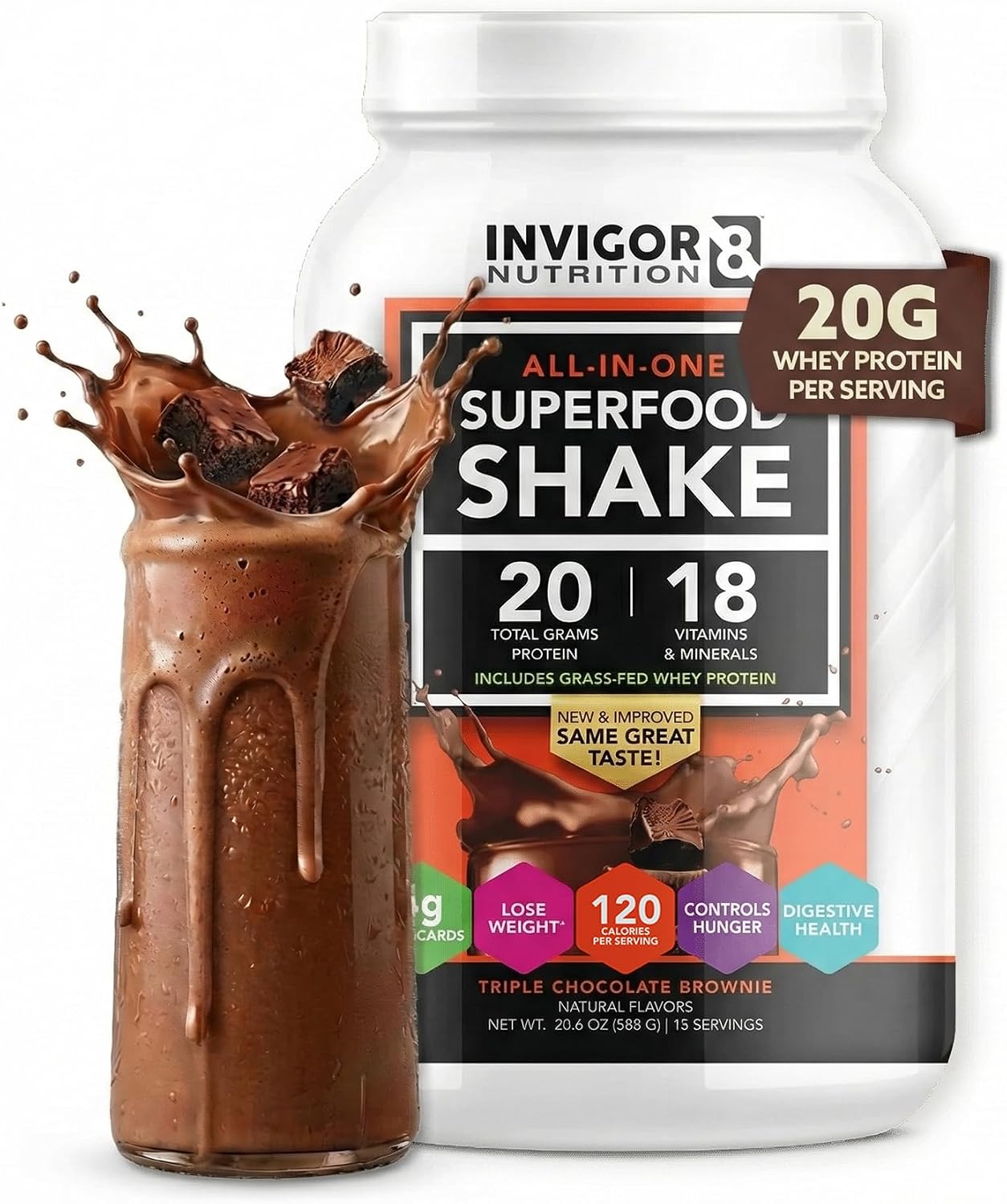 Superfood Grass Fed Whey Protein Isolate Shake Chocolate Brownie Gluten-Free and Non GMO Meal Replacement with Probiotics and Omega 3 (645g)