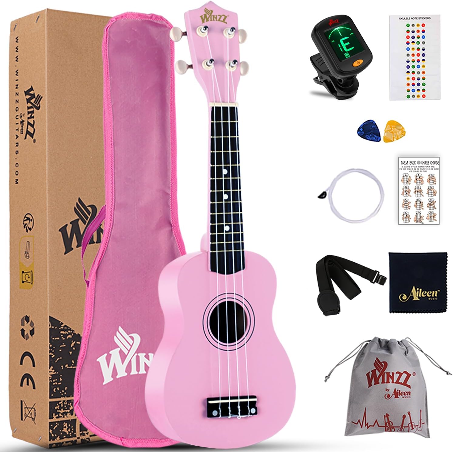 Winzz Soprano Ukulele Starter Kit For Beginners with Bag, Clip-On Tuner, Extra Strings, Strap, Plectrum, Fret Stickers, Chords Card, Polishing Cloth, Black