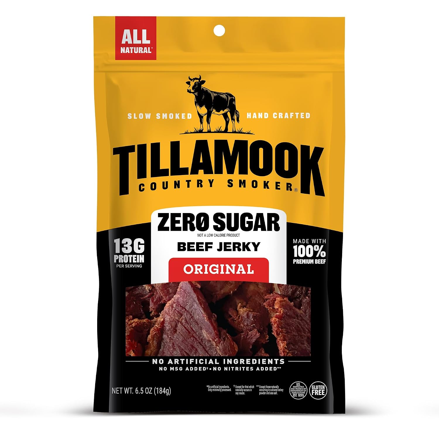 Tillamook Country Smoker Zero Sugar Original Beef Jerky Sticks, 6.5 Oz, 14g Protein, Real Hardwood Slow-Smoked, High Protein, Low Carb Meat Snacks, Keto-Friendly, 0g Sugar & Total Carbs