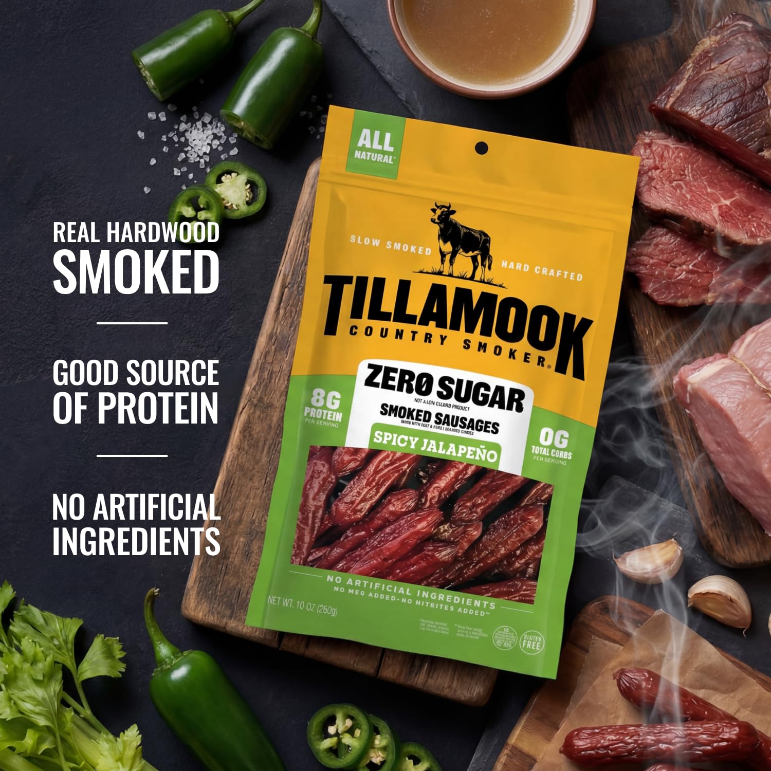Tillamook Country Smoker Zero Sugar Spicy Jalapeno Smoked Sausages, 10 Oz, 9g Protein, Real Hardwood Slow Smoked High Protein, Low Carb Meat Sticks