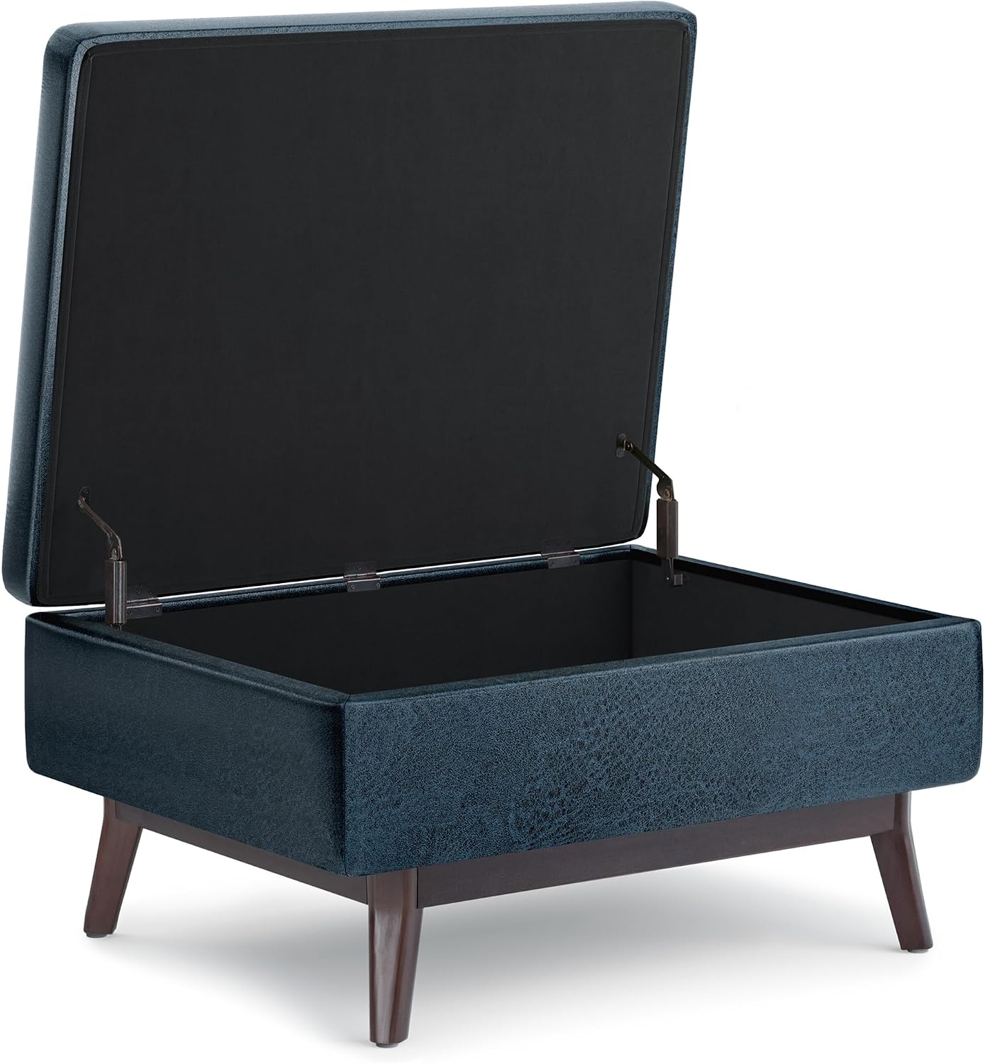 SIMPLIHOME Owen 34" Wide Vegan Leather Lift Top Ottoman in Dark Blue