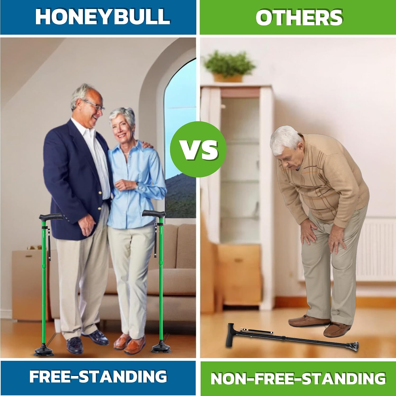 HONEYBULL Walking Cane for Men & Women, Foldable Free Standing Cane | Adjustable height, collapsible design, heavy-duty, pivot base for stable support, ergonomic handle