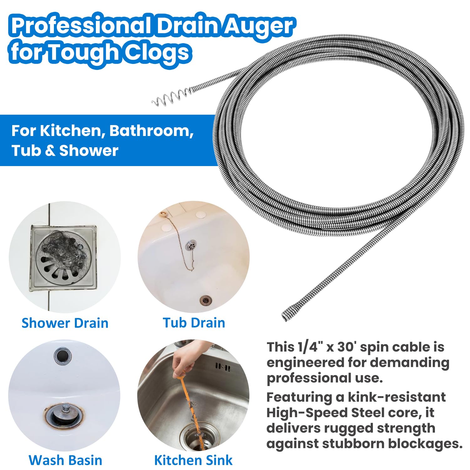 21338 Auto-Spin Replacement Cable for Ridgid - 1/4" x 30' Drain Snake Cable Compatible with K-45 Sink Machine