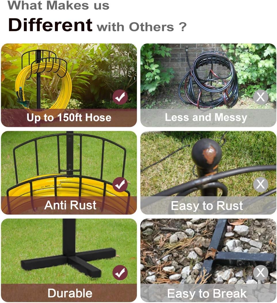 Artigarden Freestanding Garden Hose Holder Hanger, Heavy Duty Metal Water Hose Reel Storage Stand Rack for Yard Lawn, Bright Black (Hose not Included)