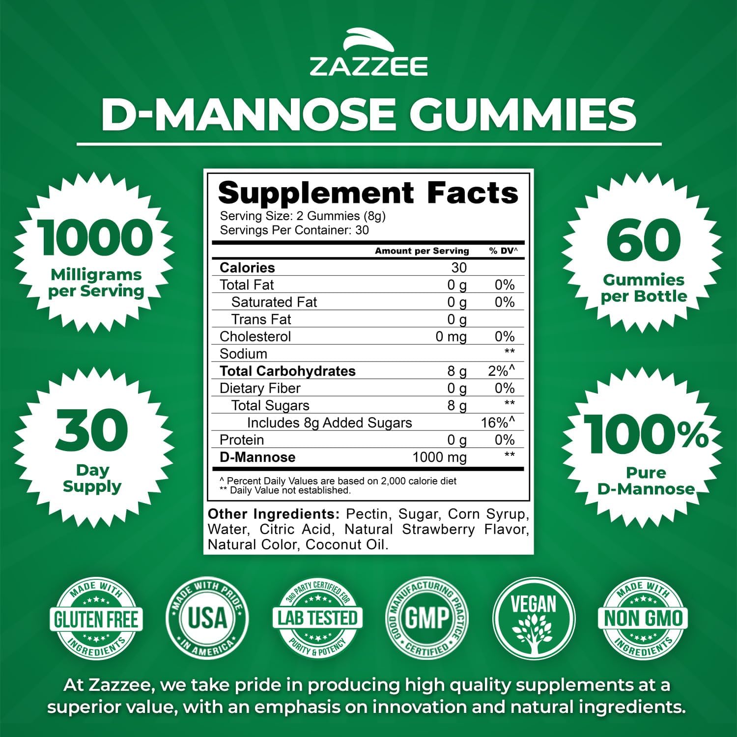 Zazzee D-Mannose, 1000 mg per Serving, 180 Vegan Capsules, 3 Month Supply | Potent & Fast-Acting, Certified Kosher, 100% Pure, All-Natural Urinary Tract Health Support, 100% Vegetarian, Non-GMO