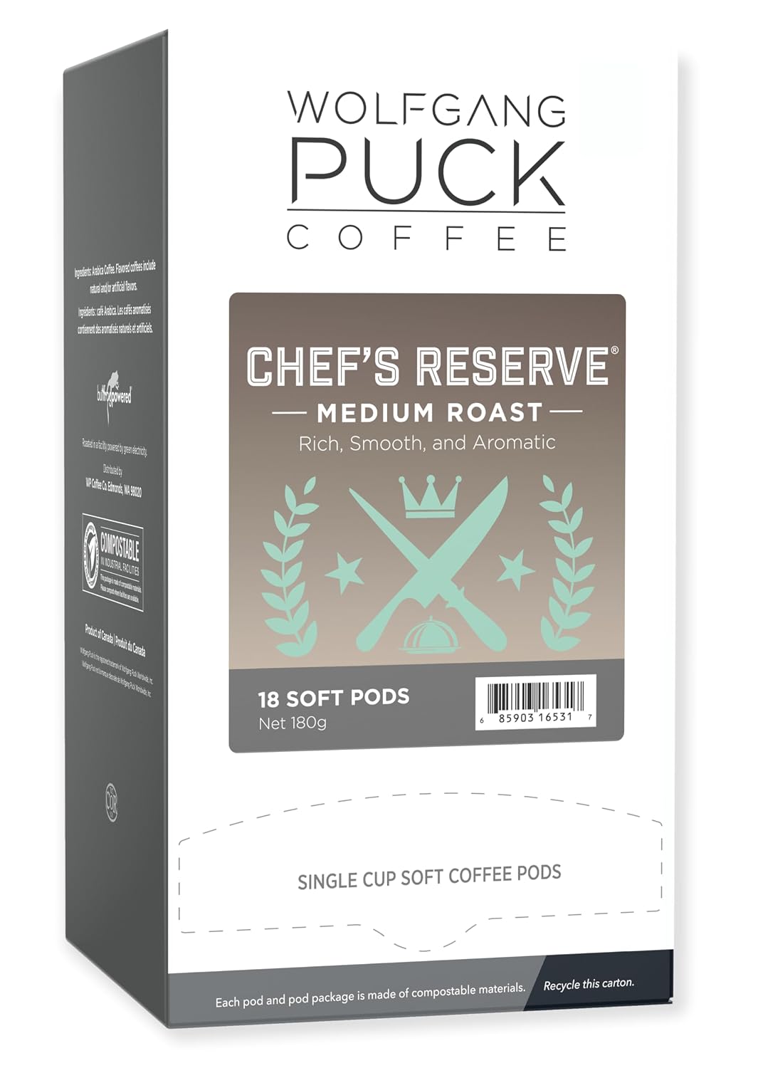 Wolfgang Puck Coffee, Chef's Reserve, Medium Roast, 9.5 Gram Soft Pods, 18 Count (Pack of 1)