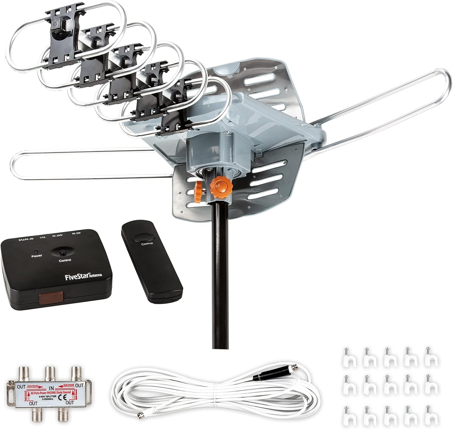 Five Star Outdoor HDTV Antenna 150 Mile Long Range – 360° Rotating TV Antenna with Amplifier, Dual TV Output, Remote Control, Weatherproof, Support 4K 1080p UHF/VHF for 2–5 TVs