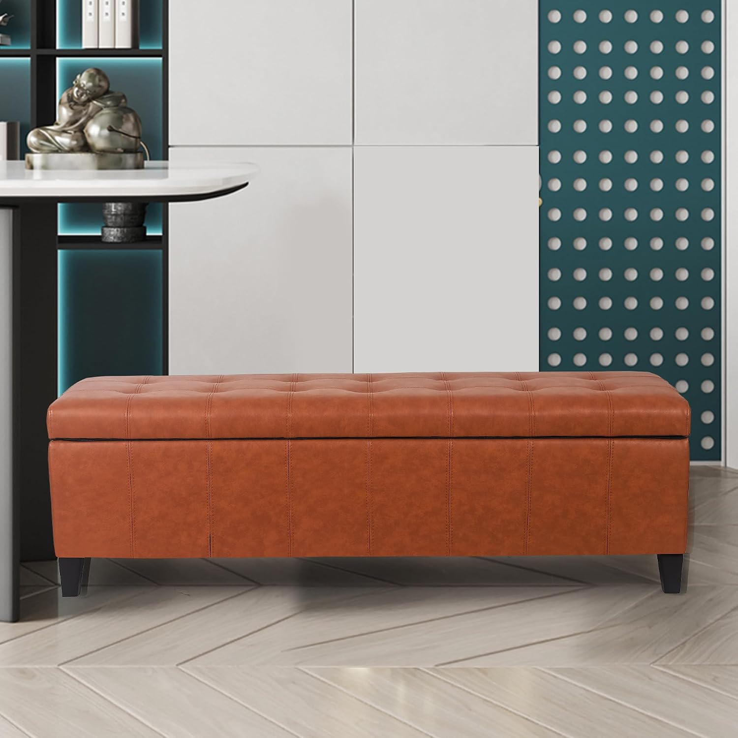 51 Inch Storage Bench,Leather Tufted Storage Ottoman with Legs | Safety Hinges,Wooden Legs,Upholstered,End of Bed,Bedroom,Living Room,Entryway,330LBS,Brown
