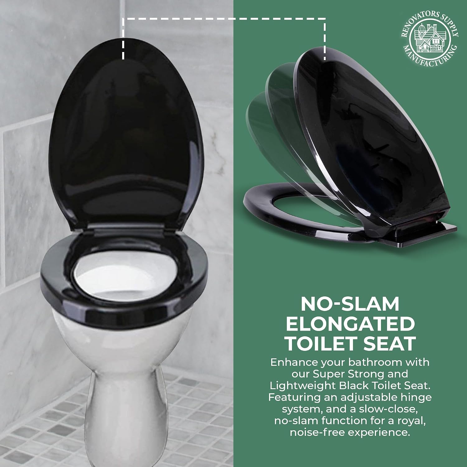 Renovators Supply Manufacturing Plastic Soft Close Toilet Seat Elongated Quiet-Close Lid, Contoured Seat, Easy to Install and Clean, Grip-Tight Bumpers with Adjustable Mounting Hardware, Black