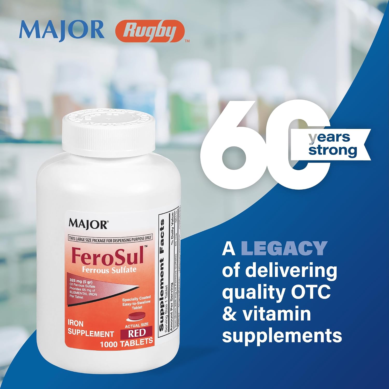 Major FeroSul - Ferrous Sulfate 325 mg Tablets - Iron Supplement for Women and Men - Specially Coated Easy-to-Swallow Tablets - Red - 1000 Count