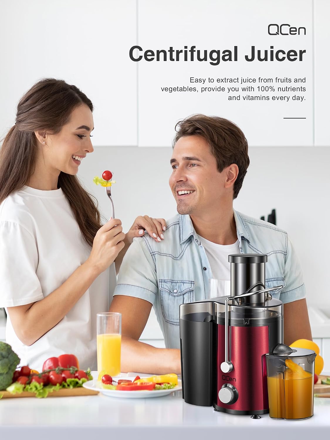 QCen Juicer Machine 500W Centrifugal Juicer with Extra Wide Feed Chute