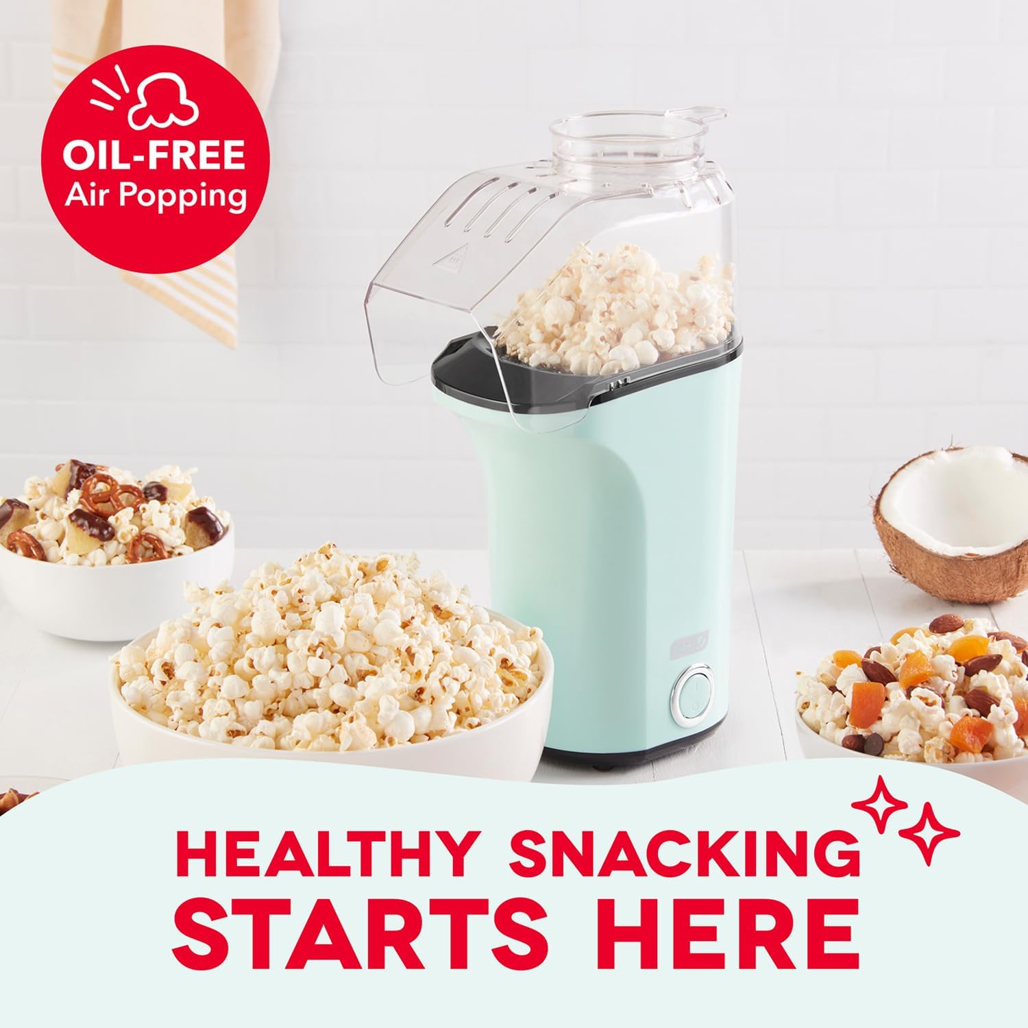 Dash Fresh Pop Popcorn Maker, 16-Cup Hot Air Popper, Aqua | Electric Popcorn Machine, Oil-Free Air Popped Popcorn, Built-In Measuring Cup & Butter Melting Tray, Movie Night Snacks