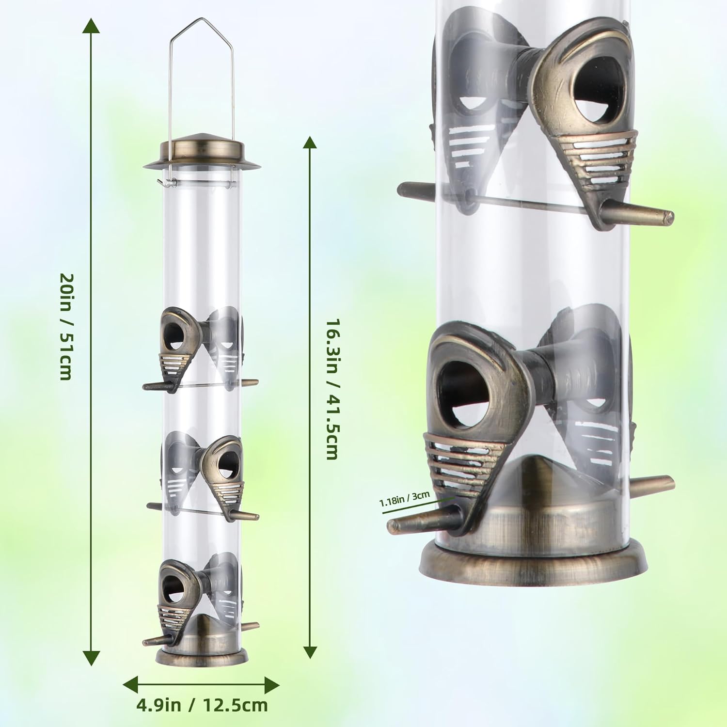 MIXXIDEA 1PK Metal Bird Feeders with 6 Feeding Ports, Tube Bird Feeder with Steel Hanger, Hard Plastic Wild Bird Feeder for Outdoors Hanging