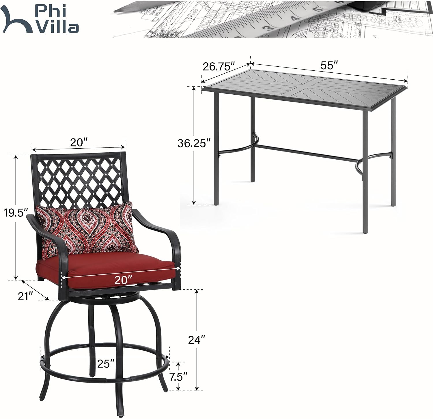 PHI VILLA Outdoor Bar Set 3 PCS Patio Bistro Table & Swivel Stools
