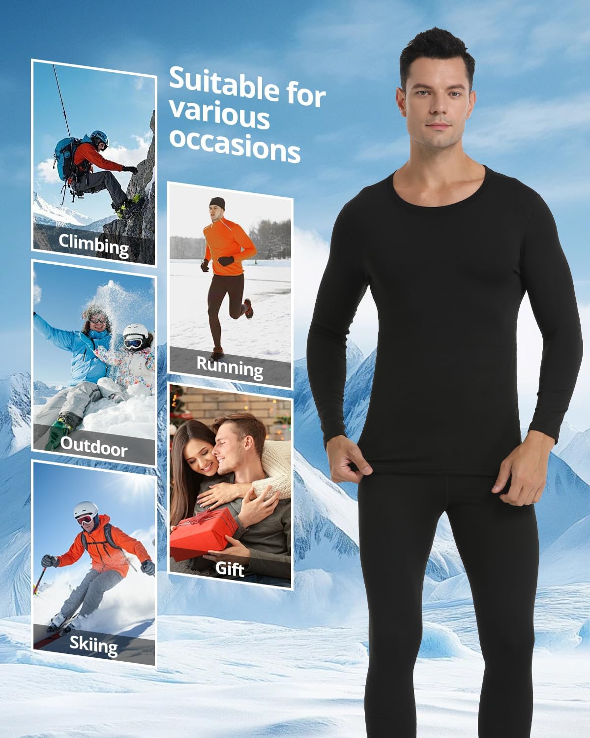 PISIQI Thermal Underwear Men Long Johns Set Ultra-Soft with Fleece Lined Base Layer Winter Skiing Warm Top & Bottom